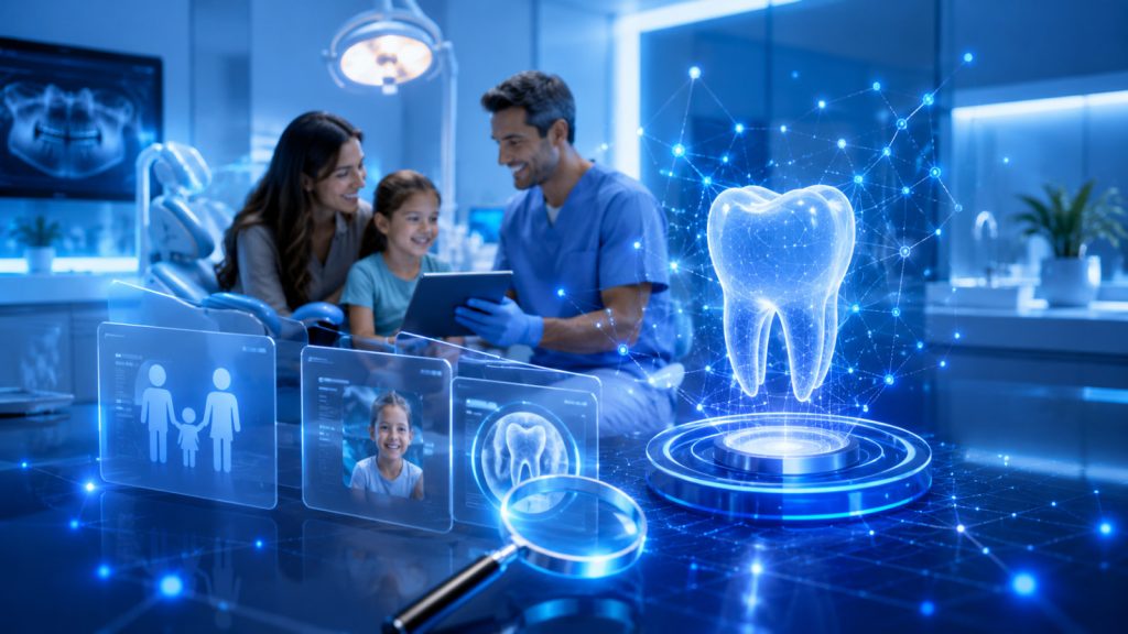 Modern pediatric dental consultation with family-centered care, digital dentistry technology and online discovery concepts.