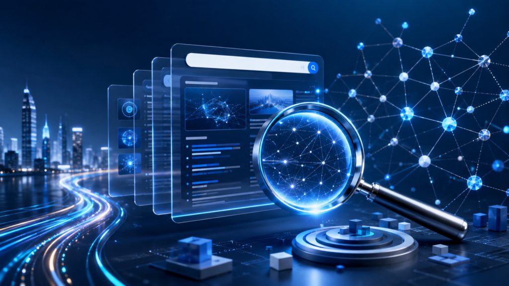 Futuristic AI search interface, knowledge graph and connected discovery signals representing changes in professional search visibility.